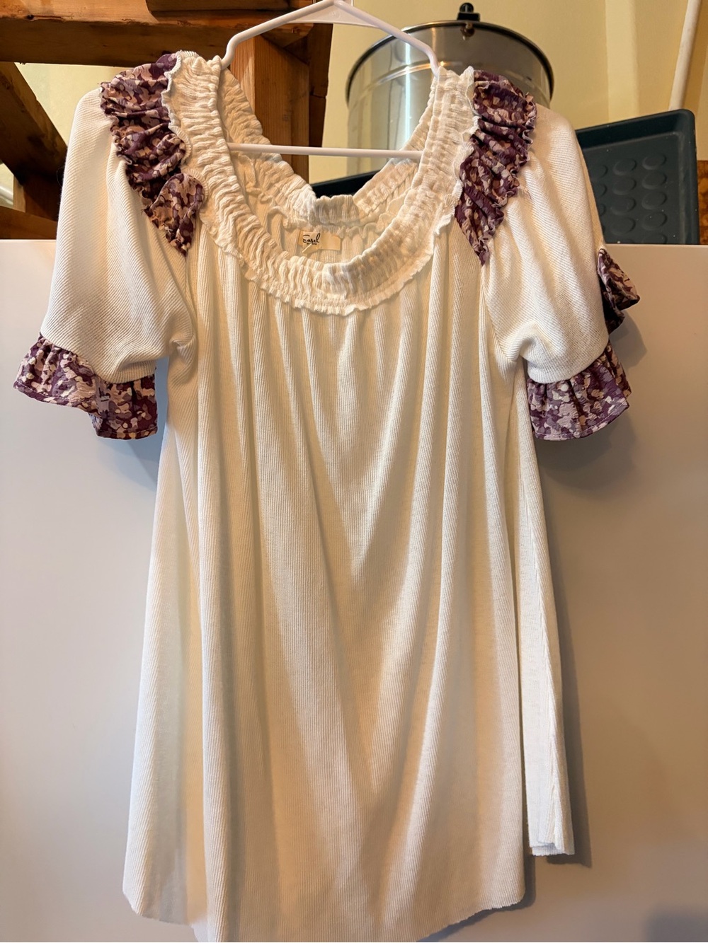 easel Cream Blouse with Purple Floral Ruffle Trim